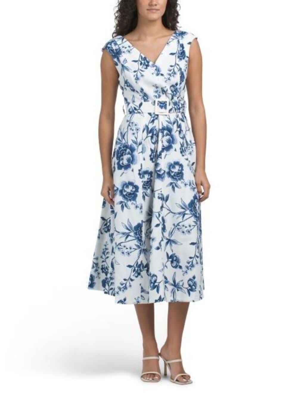 Calvin Klein Belted Midi V-Neck Dress Women's 10 Blue White Textured Flare NWT